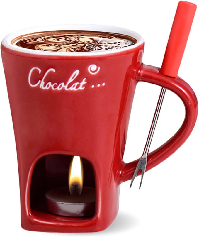 Mini Sweet Fondue Cup, Ceramic Coffee Warmer Mug, Portable Chocolate Melting Cup with Fork for Cheese, Great for Adult/Kids for Camping/Date/Movie Night/Birthday/Wedding Gifts (Red)