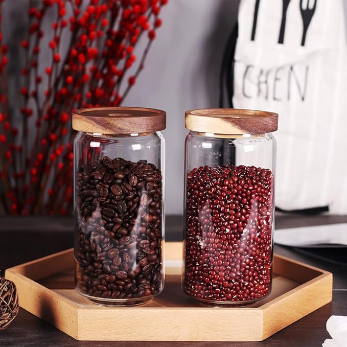 SAIOOL Home Borosilicate Glass Kitchen jars/Canisters with Acacia Wood Airtight Lid Set-2 Pack 30Oz/900ml,Minimalist Preprinted Farmhouse Style. White Matte Sticker Black Text.