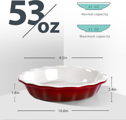 Lareina Deep Dish Pie Pan for Baking, 9 Inch Ceramic Fluted Pie Dish for Apple, Quiche, Pecan, Pot Pies, 53 Ounce Round Pie Plate, Gift for Thanksgiving, Set of 2, Red
