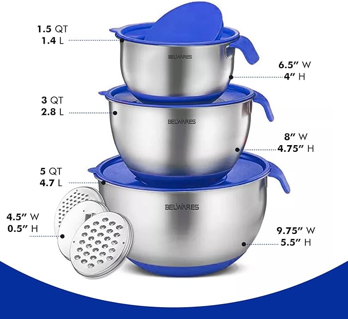 Belwares Mixing Bowls with Lids Set - Nesting Bowls with Graters, Handle, Pour Spout, Airtight Lids - Stainless Steel Non-Slip Mixing Bowl for Cooking, Baking, Prepping, Food Storage (Set of 3)