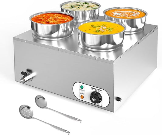 ROVSUN Electric Soup Warmer, 30QT Commercial Food Warmer Steam Table, Countertop Bain Marie with Four 7.4QT Pots, 86~185°F Adjustable Temperature, Lid and Tap for Buffet Restaurant 1500W