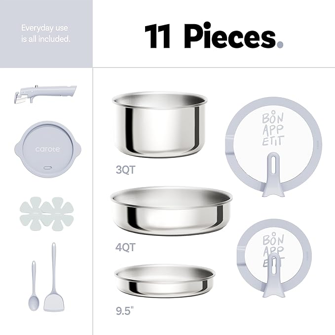 CAROTE 11pcs Tri-Ply Stainless Steel Cookware Set with Detachable Handle, Pots and Pans Set, Induction Kitchen Cooking Sets, RV/Camping Cookware, Stand-Up Lid, Oven Safe, Blue