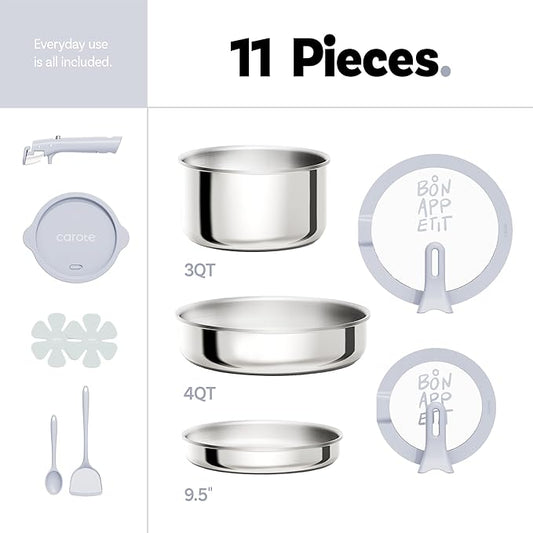 CAROTE 11pcs Tri-Ply Stainless Steel Cookware Set with Detachable Handle, Pots and Pans Set, Induction Kitchen Cooking Sets, RV/Camping Cookware, Stand-Up Lid, Oven Safe, Blue