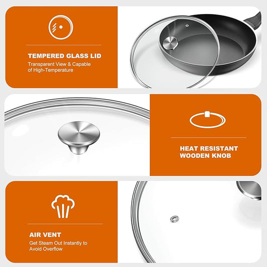 13" Glass Lid - Versatile Round Tempered Glass Replacement for 13 inch Frying Pans, Pots, Skillets, Dutch Ovens - Dishwasher Safe and Oven Safe up to 400°- Stainless Steel Knob