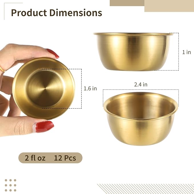 12 Pcs Sauce Dipping Bowls, 2 oz/59 ml 304 Stainless Steel Mini Sauce Cups for Ketchup Dressing Home Party Restaurant Kitchen (Gold)