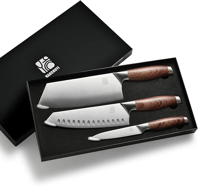 3-Piece Professional Chef Knife Set - Ultra-Sharp Kitchen Knives with Ergonomic Steel Handle, Ideal for Home, Outdoor, Camping, BBQ, and Gifts for Men