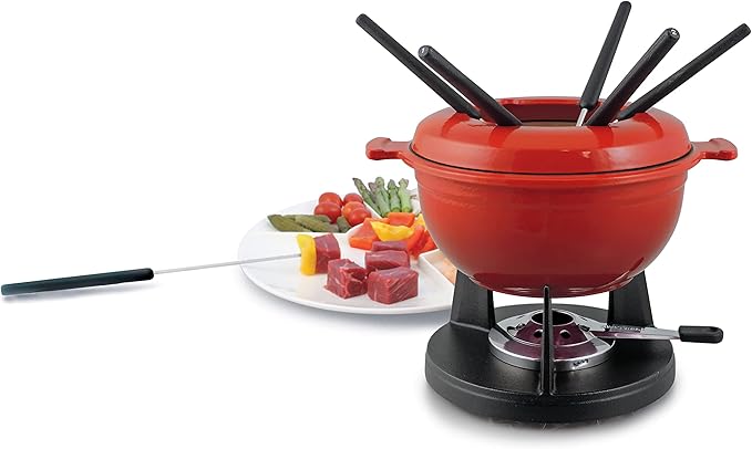 Swissmar Lucerne 10-Piece Cast Iron Fondue Set - Ideal for Melting Cheese, Chocolate, & More - Perfect for Kitchen Collection & Wedding Gift Giving - 2 Liter / 2 Quart - Red
