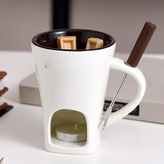 Fondue Mug Chocolate Melting Cup Cookware Candy Hot Pot, Personal Melted Chocolate Fondue Set Of 3, Ceramic Meltie Cup With Fork & Candle, Sweet Mugs For Cooks Kids Adults