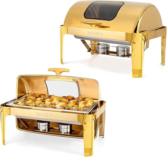 ROVSUN 9QT 2 Packs Roll Top Chafing Dish Buffet Set,Rectangular NSF Stainless Steel Buffet Warmer Chafers and Buffet Warmers Sets with Thick Frame for Catering Events Parties Weddings Dinners,Gold