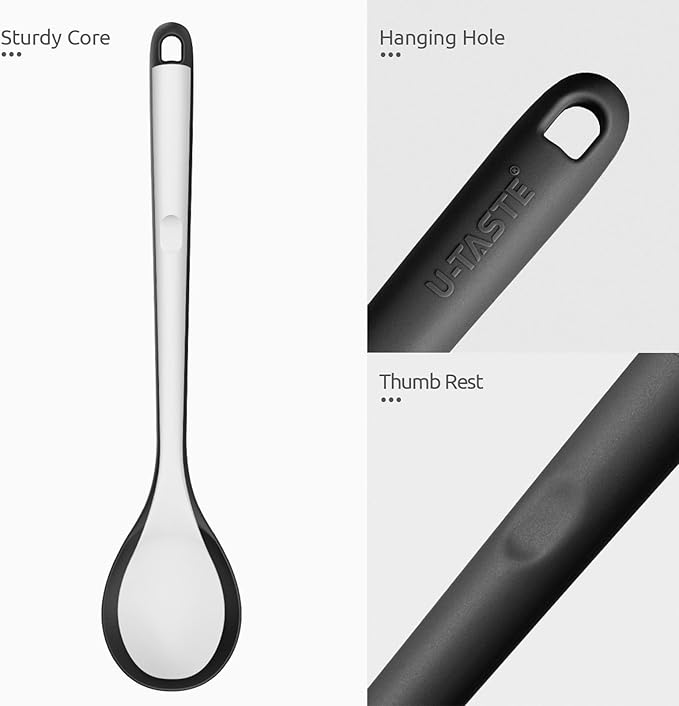 600ºF Heat Resistant Silicone Spoons: U-Taste 13.3in Solid & Slotted Kitchen Cooking Spoon, Nonstick Long Rubber Utensil, Sturdy for Mixing, Serving, Stirring, Frying, Draining (Black, 2PCS)
