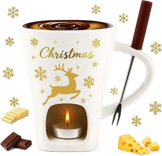 HANEVEAR Chocolate Fondue Mug, Mini Chocolate Melting Mug with 2 Forks and 2 Tealights, Ceramic Fondue Cup with Festive Holiday Pattern for Cheese, Butter - Birthday, Christmas, Wedding Gift (White)