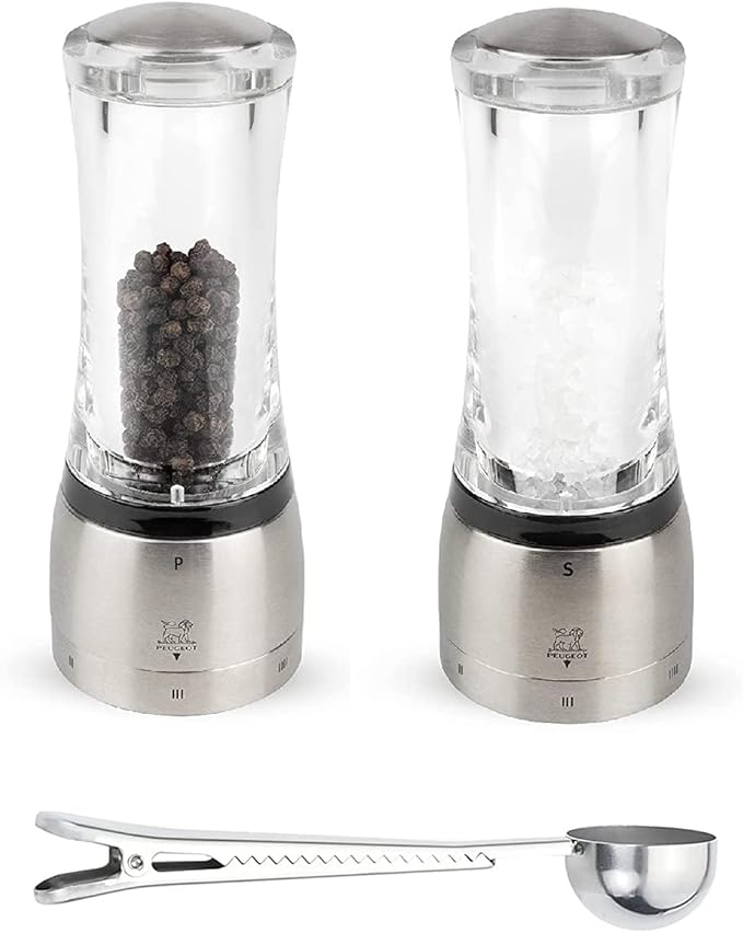 Peugeot Daman U'Select Shaftless 6.5 Inch Salt & Pepper Mill Gift Set, Stainless Steel - With Scoop (Salt & Pepper Mill Set)