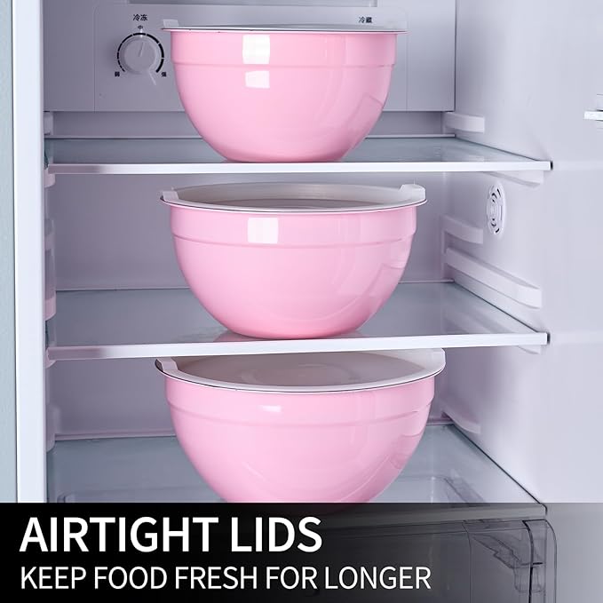 Pink Mixing Bowls with Lids Set of 7, Stainless Steel Nesting Bowl with Khaki Lid for Non-slip Mixing Prepping Storing Serving, 7 Sizes-7/3.6/2.7/2.1/1.5/1/0.8 QT