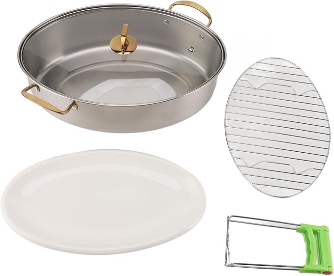 Stainless Steel Fish Poacher Pot, Oval Cookware with Glass Cover, Ceramic Plate and Steaming Rack