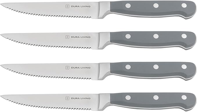Premium 4-Piece Steak Knife Set – Sharp Serrated Blades, Forged High Carbon Stainless Steel, Full Tang, Ergonomic Handle, Elegant Gray Finish – Ideal for Dining & Entertaining