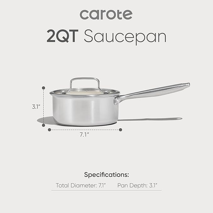 CAROTE 2Qt Stainless Steel Saucepan Set, Ceramic Pot Sets Non-Stick Non-Toxic Kitchen Cookware, Small Cooking Pots with Lids, Oven Safe, Induction Sauce Pan, Even Heating