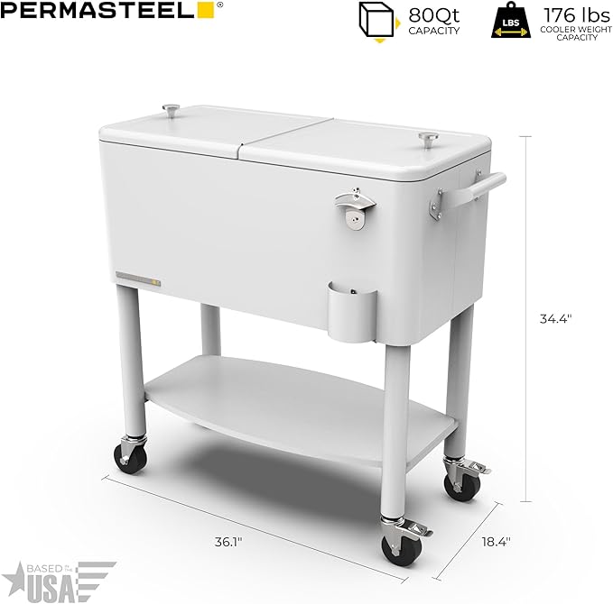 Permasteel 80 Quart Party Cooler, Rolling Ice Chest with Wheels and Handles for Indoor Outdoor Patio