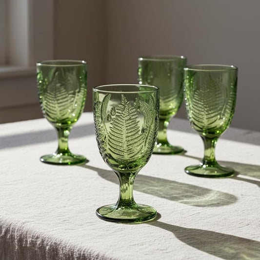 Green Glass Goblets Set of 4-10 oz Vintage Glassware Decorative Wine Glasses, Colored Cute Goblet Drinking Cups, Unique Textured Water Cup Sets, Colorful Aesthetic Pretty Drinkware Gifts