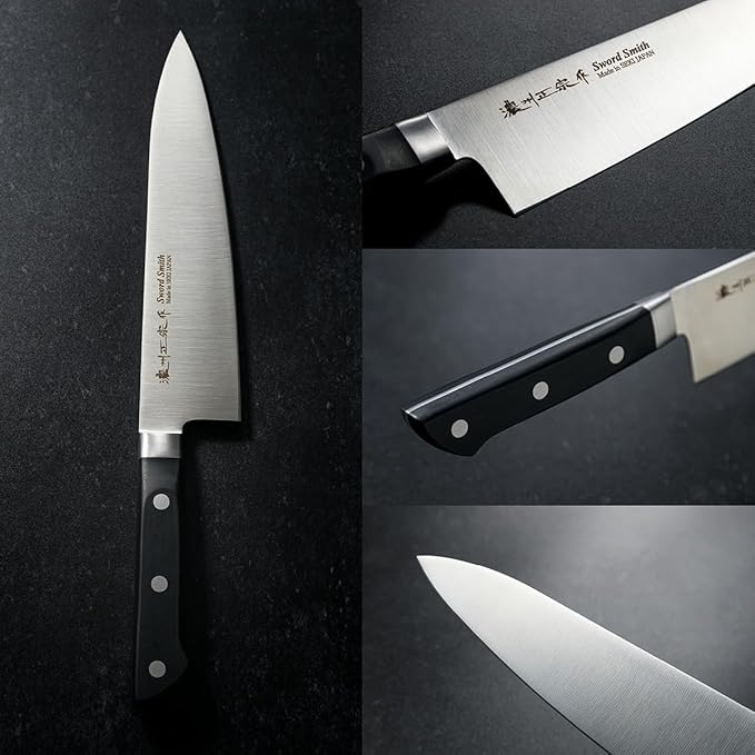Chef Knife, 8.2 Inch Japanese knife, 濃州正宗作, Stainless steel, Black Handle, Kitchen knife, HOUCHO