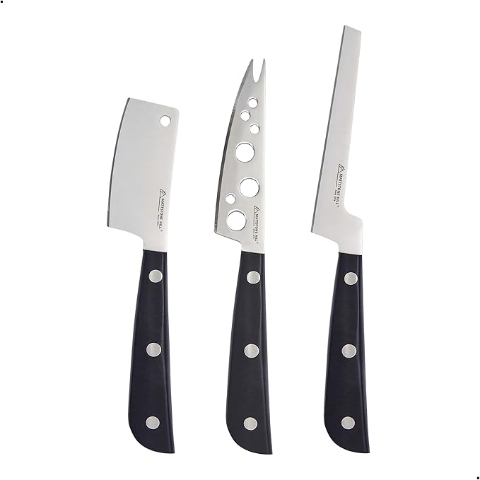 Cheese Knife Set, MATTSTONE HILL Cheese Knives - Soft & Semi Hard Cheese Knife, Soft Cheese Slicer, Cheese Cleaver, Premium Stainless Steel, Black Handle