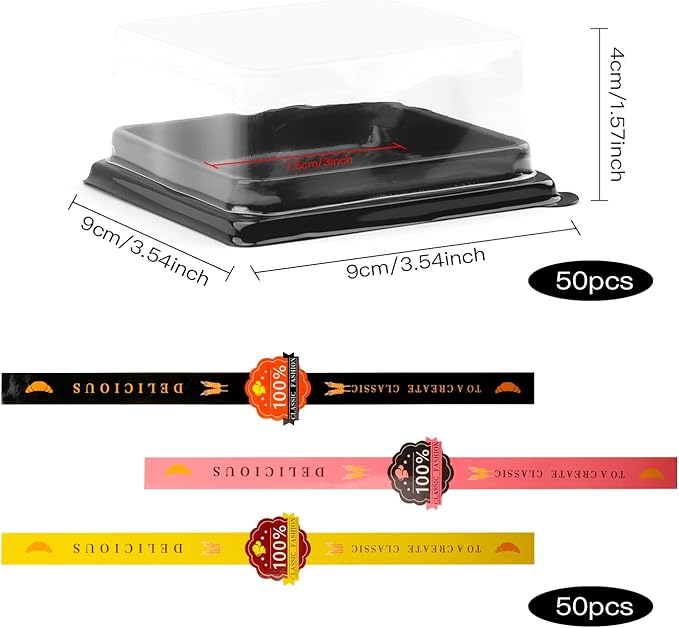 50 Pcs 3.5 Inch Mini Cake Containers - Clear Plastic Cupcake & Muffin Dessert Holders - Mooncake & Cookie Boxes - Wedding & Birthday Gift Box Set With 50 Pcs Stickers