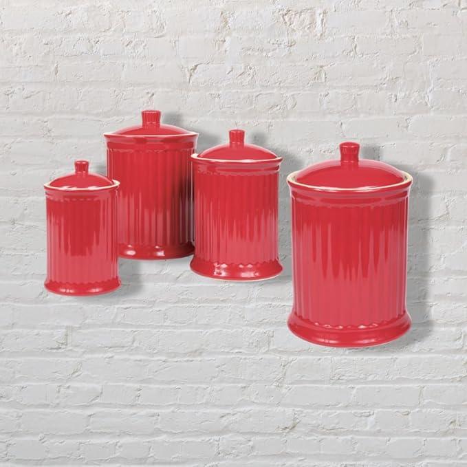 Omniware Simsbury 4-Piece Canister Set - Stoneware Kitchen Storage with Silicone-Sealed Lids, Lead-Free Glaze & Dishwasher Safe - Rustic Farmhouse-Style Flour & Sugar Containers (Red)
