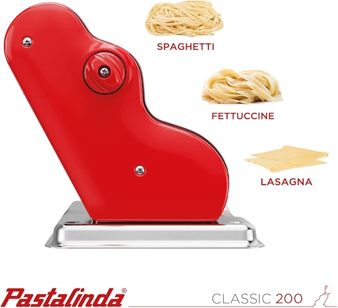 PASTALINDAClassic 200 Pasta Maker Machine, 20 cm Wide Rollers, 9 Thickness Positions, 2 Cutting Positions, Stainless Steel. Includes Reinforced Hand Crank And Two Clamps (Red)