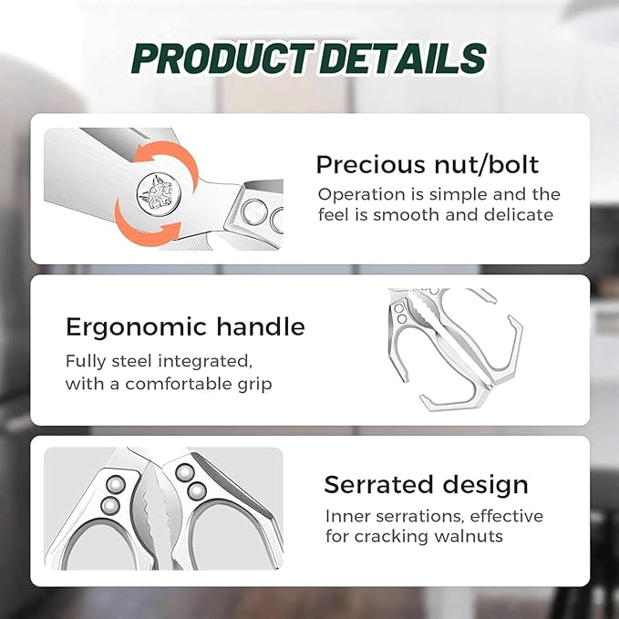 Seattleget Multifunctional Heavy-Duty Kitchen Shears, High-Carbon Steel 9.25" Multipurpose Kitchen Scissors for Chicken, Meat & Veggies, Ergonomic Non-Slip Handle, Built-in Nut Cracker (Black+Silver)