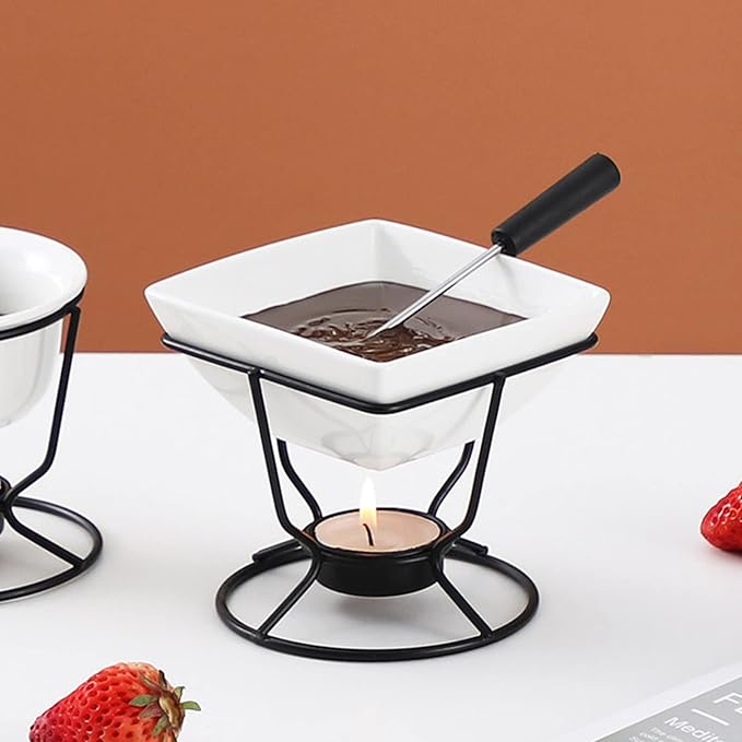 Ceramic Butter Warmers Personal Seafood Fondue Set with Shelf Candle Two Forks, Used for Melted Sauce Keeps Heat, 10.2 * 10cm
