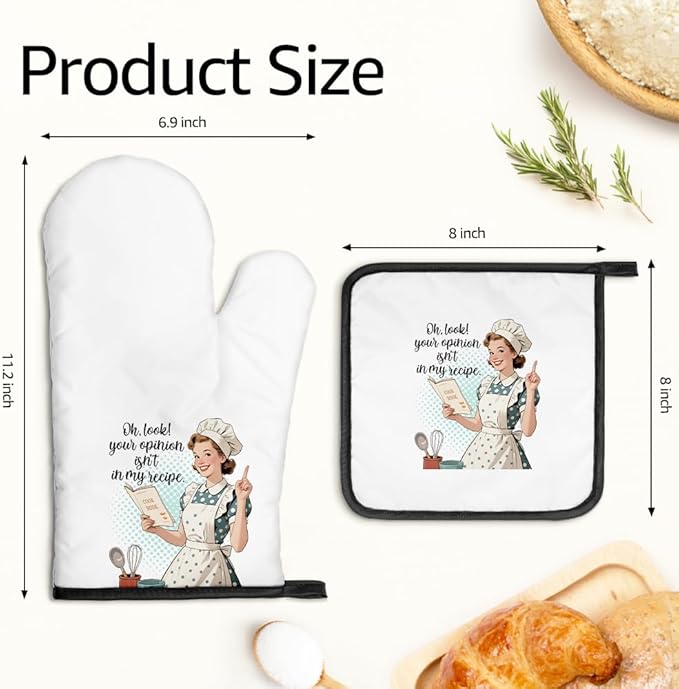 Your Opinion Isn't in My Recipe Oven Mitts and Pot Holders Sets, Funny Oven Mitts for Women, Hostess Gifts for Mom Wife, Housewarming Present for Bakers, Baking Gifts for Her Housewives