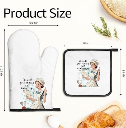 Your Opinion Isn't in My Recipe Oven Mitts and Pot Holders Sets, Funny Oven Mitts for Women, Hostess Gifts for Mom Wife, Housewarming Present for Bakers, Baking Gifts for Her Housewives