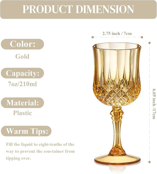 XUWAIDSGN 24 Pcs 7oz Plastic Vintage Wine Glasses Drinking Glasses Unbreakable Wedding Glassware Crystal Water Goblets Reusable Drinkware Vintage Champagne Flutes (24, Amber)