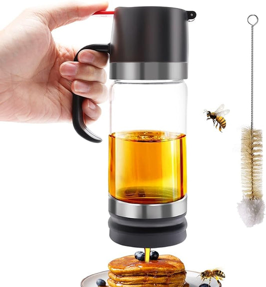 12 OZ Glass Honey Dispenser with Handle,Honey Syrup Dispenser No Drip with Cleaning Brush,Honey Jar for Coffee or Tea,Black