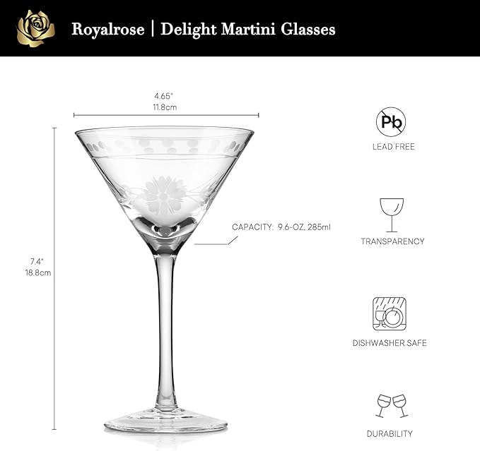 Royalrose Premium Delight Vintage Cocktail Glasses Set of 4, 9.6 oz – Hand-Blown with Etched Long Stem, Classic Glassware for Weddings, Dinners, and Holiday Gifting (Martini Glasses)