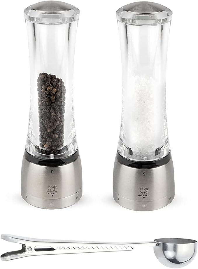 Peugeot Daman U'Select Shaftless 8.25 Inch Salt & Pepper Mill, Gift Set Stainless Steel - With Scoop (Salt & Pepper Mill Set)