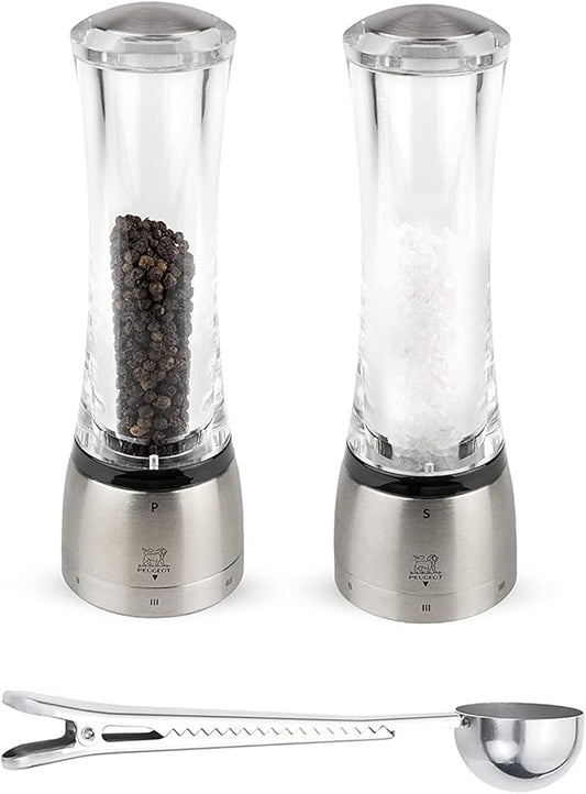 Peugeot Daman U'Select Shaftless 8.25 Inch Salt & Pepper Mill, Gift Set Stainless Steel - With Scoop (Salt & Pepper Mill Set)