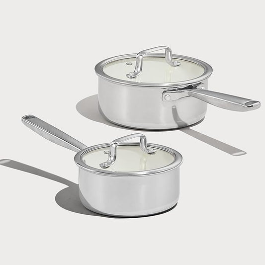 CAROTE 1.6Qt & 3.0Qt Stainless Steel Saucepan Set, Ceramic Pot Sets Non-Stick Non-Toxic Kitchen Cookware, Small Cooking Pots with Lids, Oven Safe, Induction Sauce Pan, Even Heating