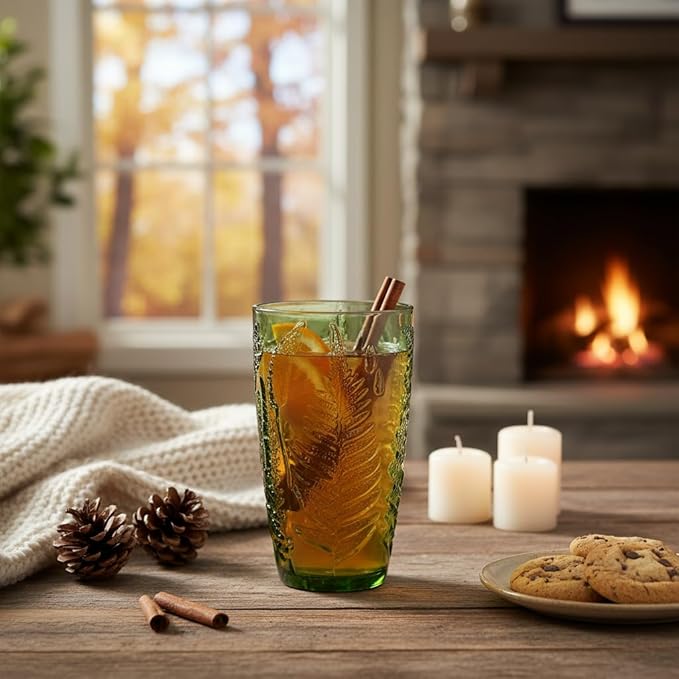 Vintage Green Drinking Glasses Set of 4 – 16 oz Hand-Blown Glass Tumblers, Heavy Textured Highball Cups, Antique-Style Colored Glassware, Retro Boho Aesthetic Drinkware – Unique Housewarming Gift