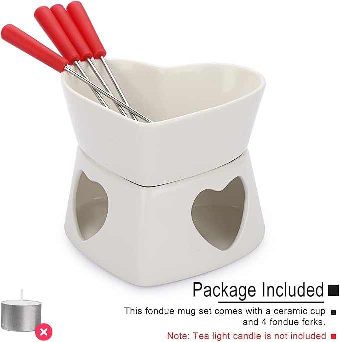 BSTKEY White Ceramic Butter Warmer Set, Heart Shaped Fondue Pot Melting Pot Set, Melt Hot Pot Bowl Set for Cheese Chocolate Butter Caramel, with 4 Forks