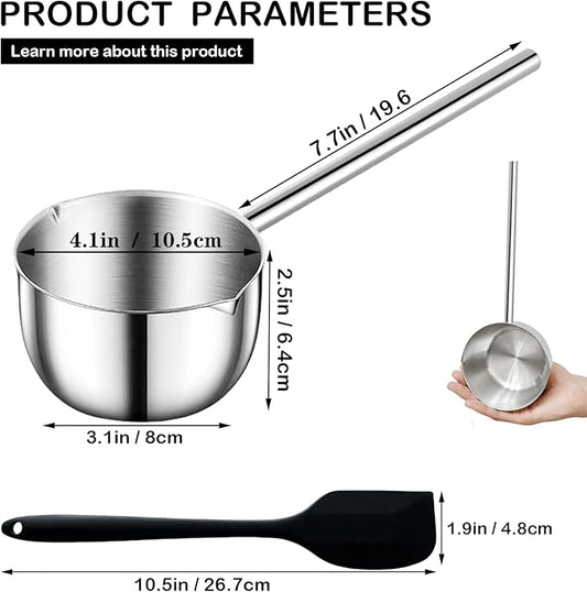 Mini Butter Warmer Pot, Milk Pot with Long Handle Sauce Pan with Pour Spout, Butter Melting Pots with Silicone Spatula for Chocolate,Candy,Coffee Tea Soup, 500ML, Silver