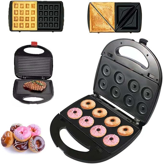 Donut Maker, 4 in 1 Electric Waffle Sandwich Machine,Panini Press Grill Iron Set with 4 interchangeable Removable Non Stick Plates,750W Detachable Dessert Toaster, Perfect for Breakfast