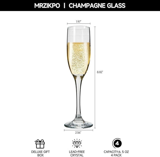 Champagne Glasses,Set of 4,Classic Shape,Hand Blown Elegant Unique Gift for Long stem Sparkling,Wine glasses for Wedding,Birthday Mother’s Day-Ideal for Wine Tasting,Daily Use-6.5 oz,Clear