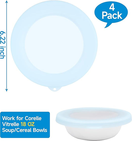 4 Pack Silicone Lids for Corelle Vitrelle 18-Oz Soup/Cereal Bowls, Freezer & Microwave & Dishwasher Safe (Bowl not included)
