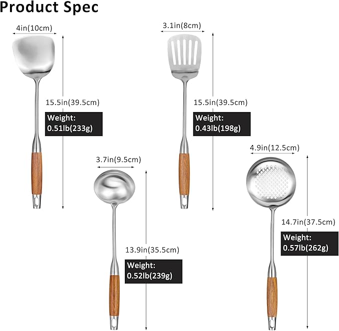 18/10 Stainless Steel Kitchen Utensils Set 4 Pcs Cooking Utensil with Wood Handle, 15” Long Handle Spatula, Soup spoon, Leaking shovel, Kitchen Tools Set (Wood handle - 4 Piece)