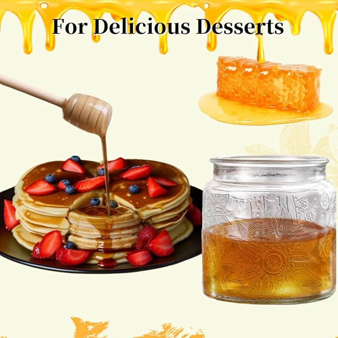 ANSQU Honey Pot, Airtight Glass Honey Jar with Bamboo Lid and Dipper Stick, Honey Container for Storing Syrup Jam Mason Jar for Home Kitchen, 17oz (Square Sunflower,1 Pack)