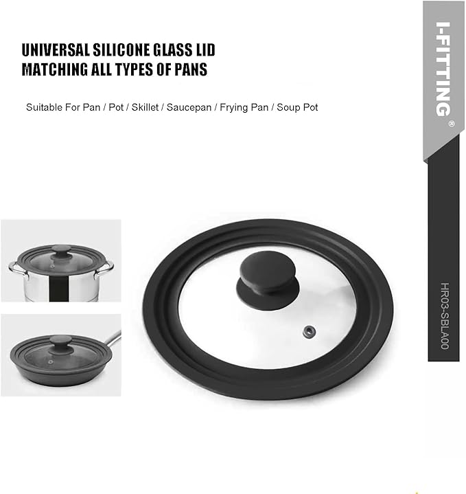 Universal Lid for Pots,Pans And Skillets,HR Huare Technology Tempered Glass with Heat Resistant Silicone Rim,Dishwasher Safe,Fit Cookware 11”,12”, 12.5”, Black,1 Pack