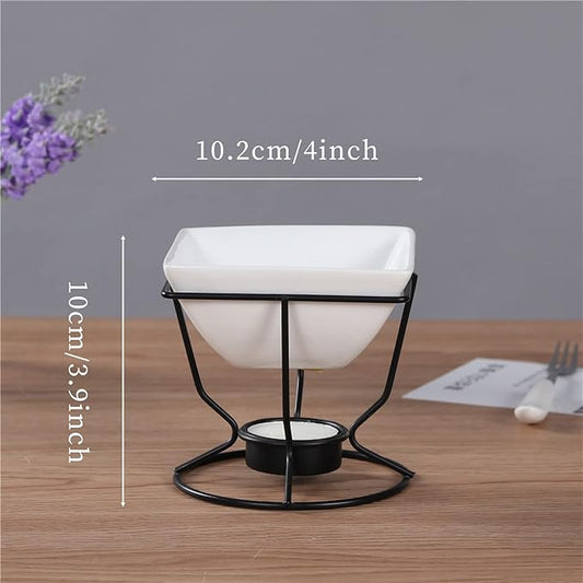 Ceramic Butter Warmers Personal Seafood Fondue Set with Shelf Candle Two Forks, Used for Melted Sauce Keeps Heat, 10.2 * 10cm
