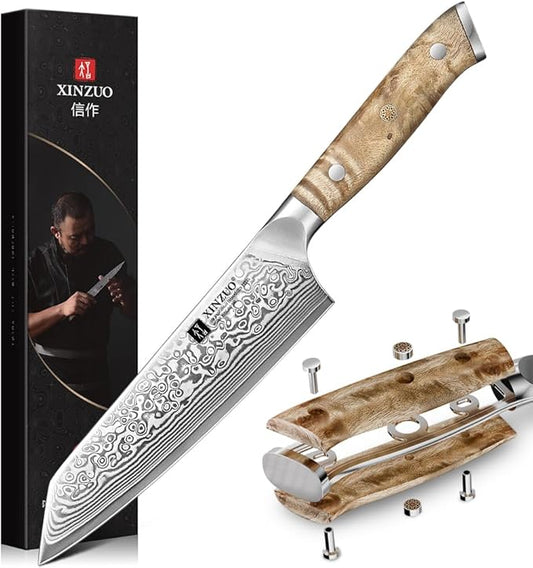 XINZUO Kiritsuke Chef Knife 5.8",Sharp Forged Damascus Stainless Steel Sharp Small Kitchen Knife,For Home & Restaurant,Full Tang Figured Sycamore Wood And Mosaic Copper Rivet Handle