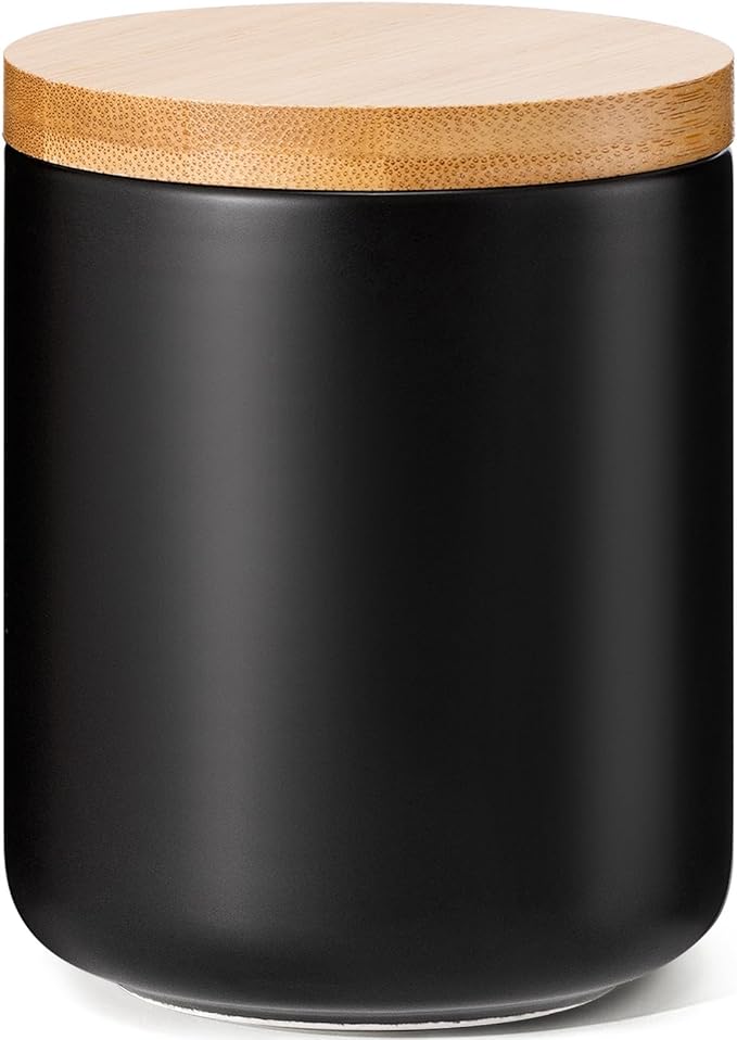 Yangbaga Black Canisters for Kitchen-Kitchen Canisters for Countertop with Airtight Wood Lids/Spoons/Stickers,Ceramic Kitchen Storage Containers for Large Flour,Suger,Coffee(15 OZ