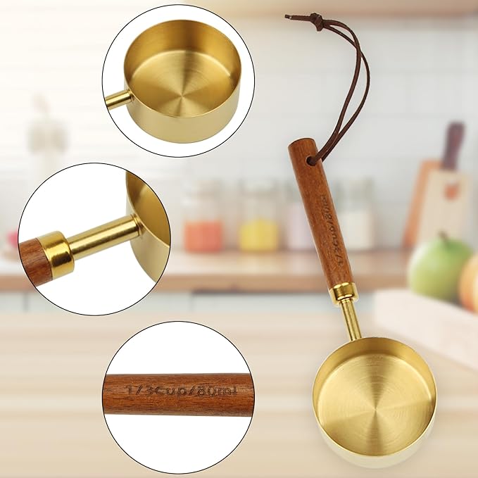 Gold Measuring Cup and Spoon Set - Stainless Steel Measuring Cups with Wooden Handles, 4 Measuring Cups and 4 Measuring Spoons, Suitable for Kitchen Baking and Cooking (8 Pcs)